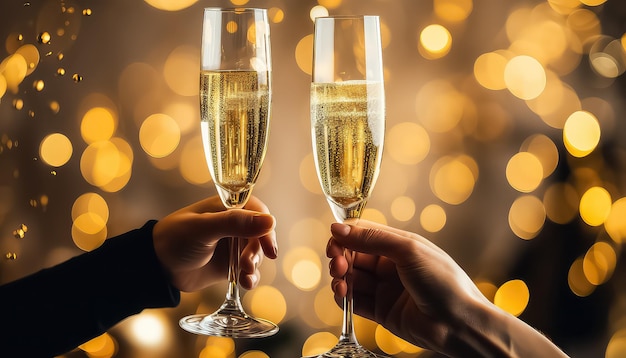 Hands holding glasses with champagne christmas and new year concept