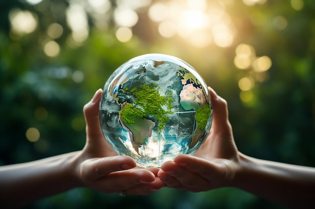 Photo hands holding globe glass earth globe earth day world environment day concept