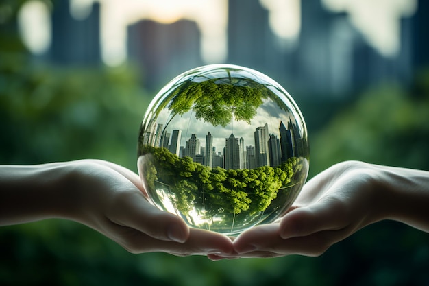 Hands holding globe glass earth globe earth day world environment day concept