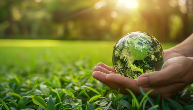 Hands holding a globe glass on a fuzzy bright green background is a concept for World Environment Day on June 5th Generative AI