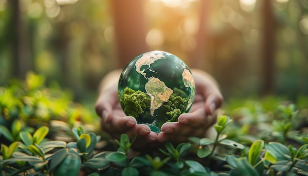 Hands holding a globe glass on a fuzzy bright green background is a concept for World Environment Day on June 5th Generative AI