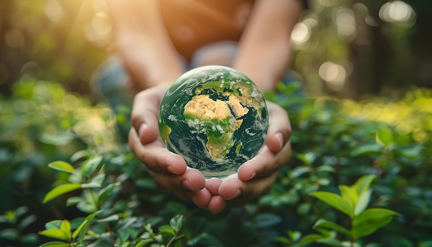 Photo hands holding a globe glass on a fuzzy bright green background is a concept for world environment day on june 5th generative ai