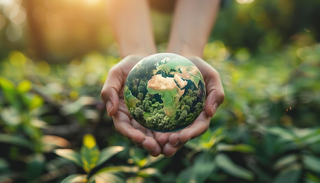 Hands holding a globe glass on a fuzzy bright green background is a concept for World Environment Day on June 5th Generative AI