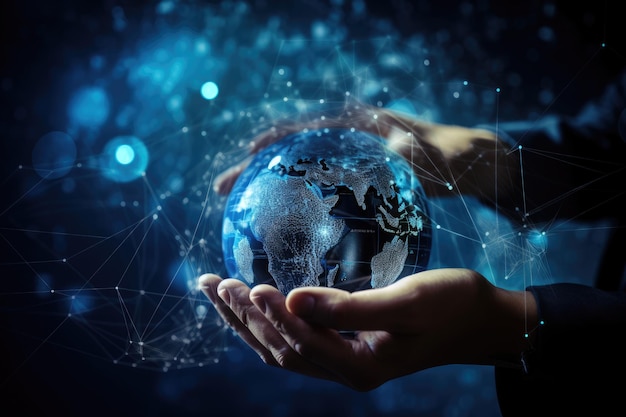 Hands Holding Globe with Connecting Lines Global Connectivity Concept