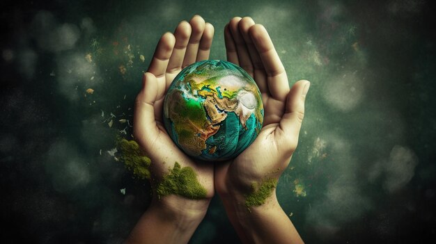 hands holding globe with earth globe generative ai