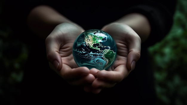 Hands holding a globe with the word earth on itgenerative ai