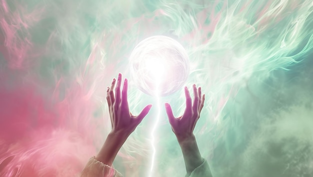 Hands holding a glowing orb against colorful mist The concept of magic and power