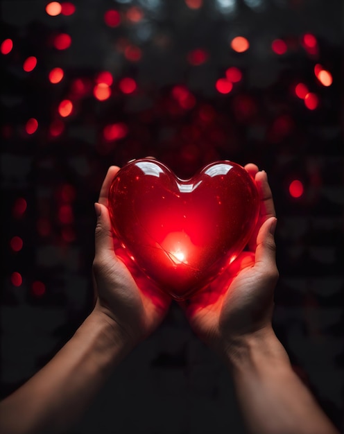 Hands holding glowing red heart concept of love and st valintine day gifts ai generated