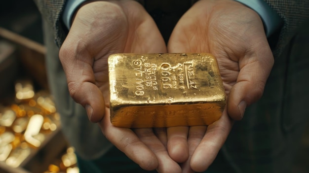 Hands holding a gold bar closeup on a dark background