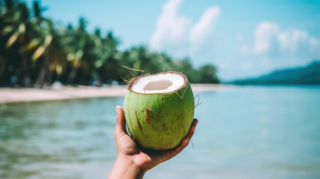 Hands holding green coconut with straw on the beach Generative AI