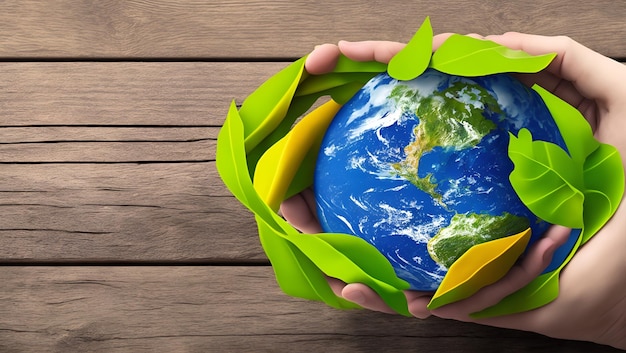 Photo hands holding a green earth shaped like a leaf