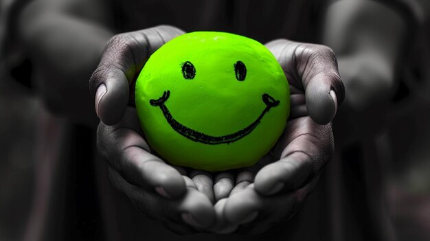 Hands holding green happy smile face good feedback rating and positive customer review Generative AI