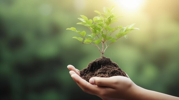 緑の土壌から成長する木を持つ手再生可能エネルギーと気候変動の概念