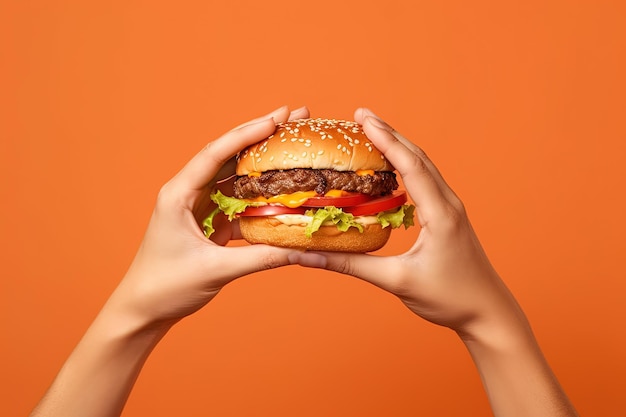 Hands holding a hamburger isolated on orange background