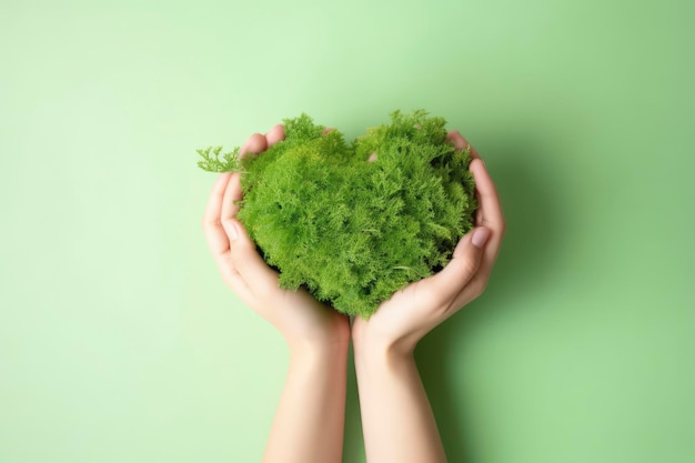 Hands holding a heart shaped plant with green leaves on a green background