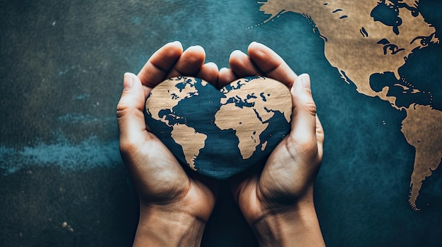 Hands holding a heart shaped world map on a map of the world