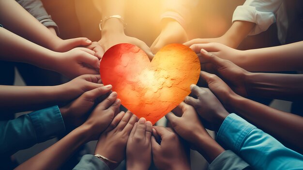 Photo hands holding heart united diversity or multicultural partnership in a group