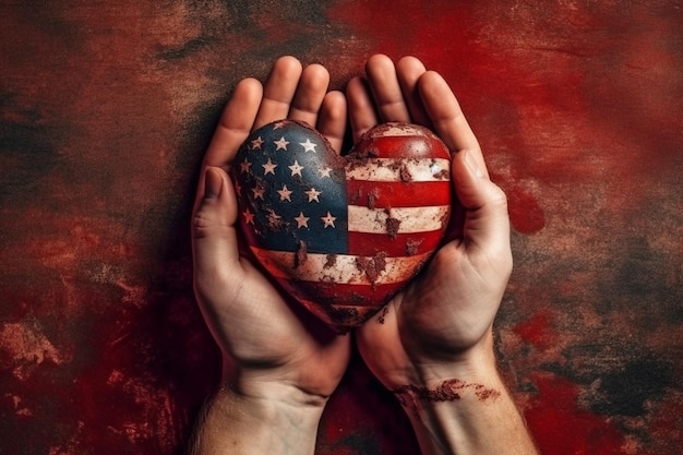 Hands holding a heart with the american flag on it