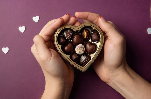 Photo hands holding a heartshaped box of ch