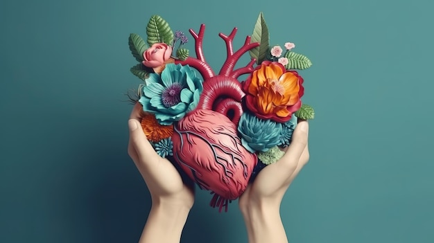 Hands holding human heart with flowers Generative Ai