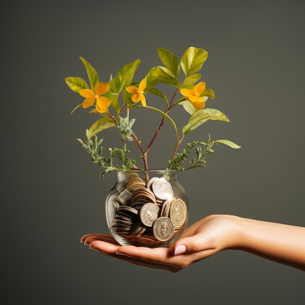 Hands holding jar of coins with plant