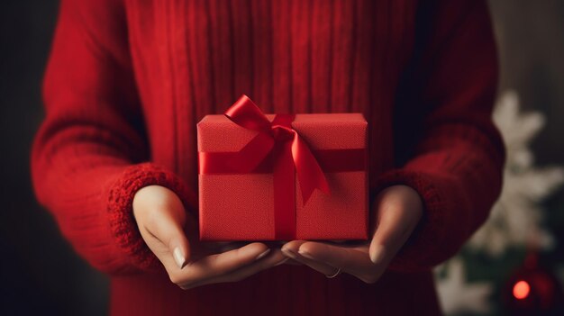 Hands holding little gift with red bow close up