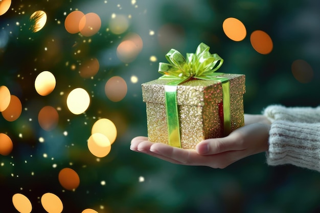 Photo hands holding little gold gift with green bow on festive lights bokeh