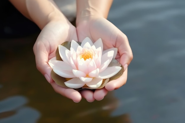 蓮の花を握る手 水の背景  ⁇ やかな平和XA