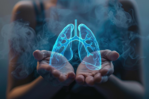 호흡기 건강 의식 을 위한 폐 기호 를 들고 있는 손 들