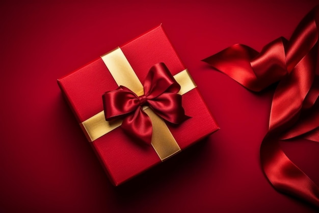 Hands holding a luxury gift box with bow against a red background for christmas