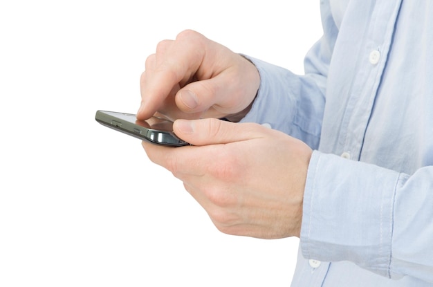 Hands holding mobile isolated on white