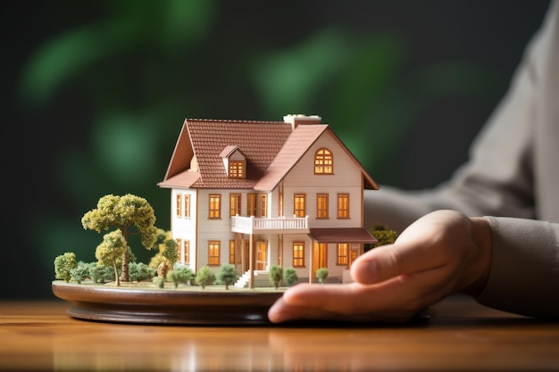 Hands holding model house on wooden table with green plant background