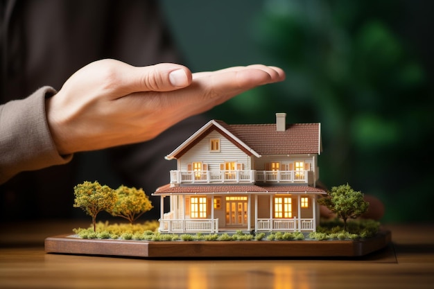 Hands holding model house on wooden table with green plant background