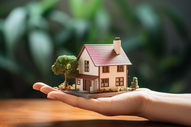 Hands holding model house on wooden table with green plant background