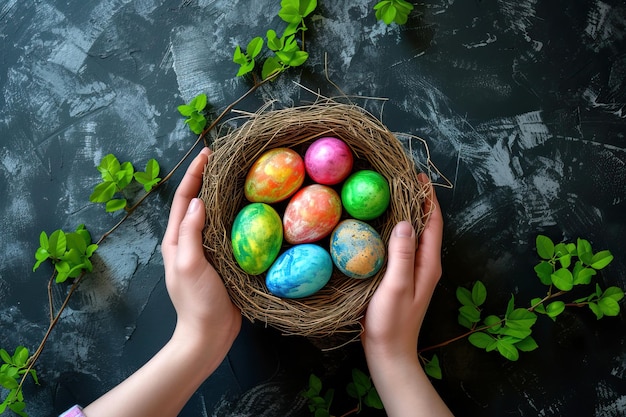 Hands holding a nest of colored easter eggs