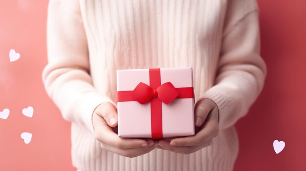 Hands holding open gift box with red bow on pink back illustration Generative AI