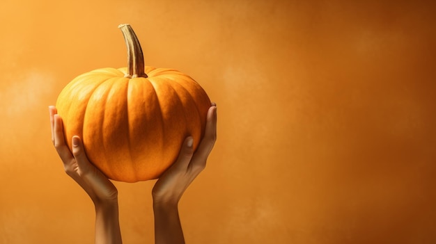 Hands holding orange pumpkin on orange background Halloween and Thanksgiving concept