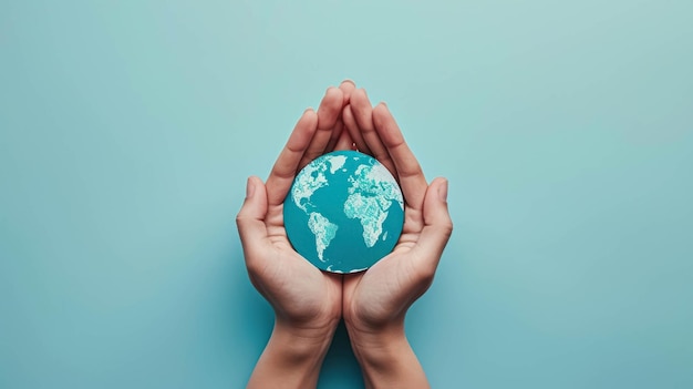 Hands Holding Paper Earth Cutout Against A Light Blue Background Protect The Planet And Environment