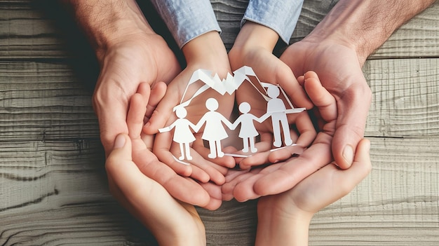 Photo hands holding paper family cutout family home