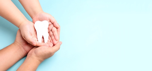 Photo hands holding paper teeth on blue.