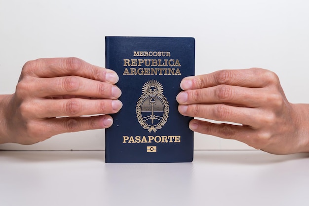 Hands holding passport close up