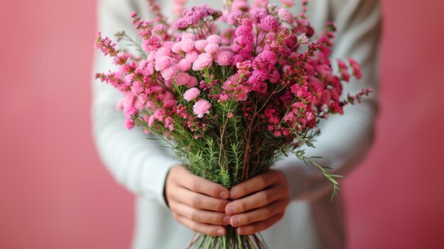 Hands Holding a Pink Flower Bouquet