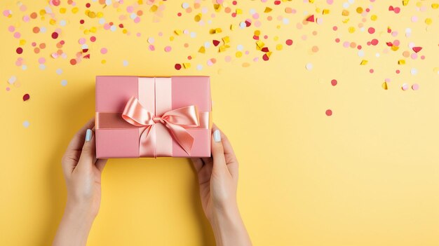 Hands holding a pink gift box against a yellow confetti background