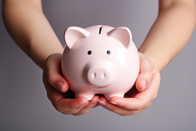 Hands holding a pink piggy bank concept for financial freedom