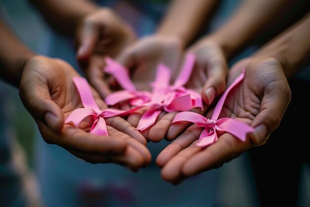 Hands holding pink ribbons breast cancer awareness symbolic bow color raising awareness