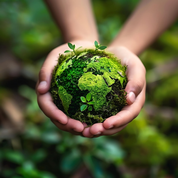 Foto mani che tengono il pianeta terra composto da vegetazione