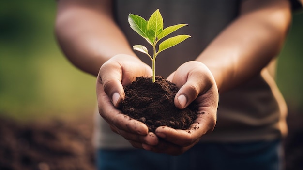 Photo hands holding a plant with soil