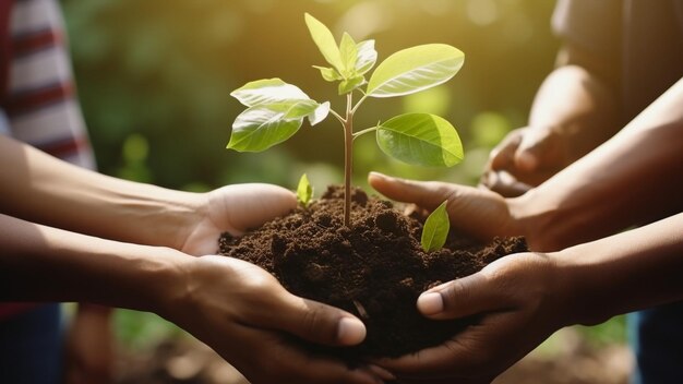 hands holding a plant with the sun