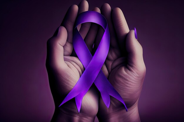 Hands holding Purple ribbon world cancer day Generative Ai