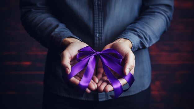 Hands holding Purple ribbons Alzheimer disease Pancreatic cancer Epilepsy awareness generative ai